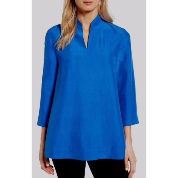 Eileen Fisher Tops - Eileen Fisher Silk Dupioni High Collar Top Catalina Blue VNeck Long Sleeve